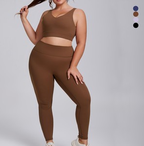 Plus Size Yoga Set <b>Crop</b> <b>Top</b> Full Length Leggings High Waist Seamless Solid Navy Blue 2 Piece Activewear - Product Image 5