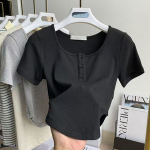 Pull à manches courtes, boutonné, couleur unie, personnalisable, décontracté, confortable, printemps-été, haut court pour femme, nouveau design 2026 - Product Image 5