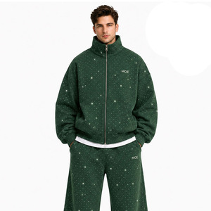 Wholesale Crystal Embellished Baggy Hoodies Relaxed Drape Joggers Full Zip Iced-Out Star Motif Men <b>Jacket</b> Fleece <b>Rhinestone</b> Sets - Product Image 5
