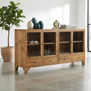 Solid Wood Storage Drawer Sideboard Credenza Modern Glass Door Display Cabinet Teak Style Wooden Chest Drawers <b>Carts</b> Furniture - Product Image 2