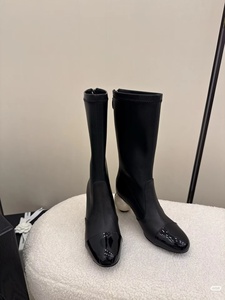 Luxury Designer Shoes Women's Chic Mid-Calf Leather Boots Breathable Zip Back Design <b>Round</b> <b>Toe</b> <b>Heel</b> Winter Rubber Outsole - Product Image 4