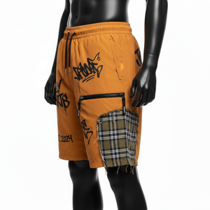 Pantalones cortos cortavientos de poliéster para hombre, color mostaza naranja, paneles laterales a cuadros, estampado serigrafiado, logotipo personalizado, pantalones cortos para hombre - Product Image 3