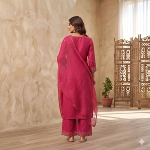 Ensemble d'été 3 pièces décontracté pour femme en mousseline de coton rose uni à manches trois-quarts, longueur totale, respirant - Product Image 5