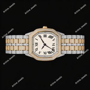 Reloj octogonal de dos tonos con diamantes incrustados, esfera con números romanos, pulsera de lujo en plata y oro, reloj de moda para hombre. - Product Image 3