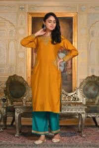 Ensemble Kurta pour femmes en soie brodée Dori Mustard Maharani pour les occasions spéciales, mariages, toutes saisons - Product Image 6