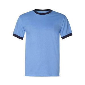 Camiseta de Manga Corta Azul Claro con Logotipos Personalizados, Ribete en Azul Marino, Cuello Redondo, Corte Regular, Diseño Casual de Color Sólido - Product Image 1