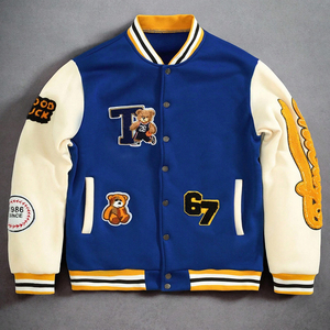 Chaqueta Varsity Azul Sólido para Hombre, Chaqueta Bomber con Parches de Chenilla, Manga Color Crema, Estilo Vintage, Chaqueta de Béisbol - Product Image 1