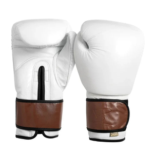 White Leather Boxing Gloves With Brown Wrist <b>Strap</b> Lace-Up Closure For Adults - Product Image 1