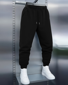Men's Black Sweatpants Mid Waist Drawstring Casual Joggers Pockets Autumn Wear Loose Breathable Thermal-lined Knitted Cotton - Product Image 1