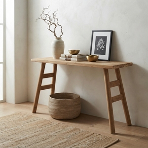 Solid Wood Console Table Modern <b>Rustic</b> Splayed Ladder Leg Natural Teak Style Wooden Entryway Table Hallway Sofa Side Accent <b>Desk</b> - Product Image 2