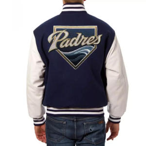 Chaqueta Varsity Personalizada Azul Marino de Lana para Hombre, Chaqueta Bomber con Mangas de Cuero Blanco y Logotipo Bordado, Chaqueta Letterman de Béisbol al por Mayor - Product Image 1