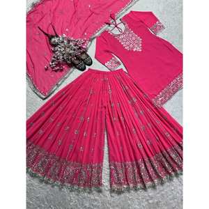 Conjunto de Fiesta Indio y Pakistaní ND Designer con Bordado Intenso, Pantalón Plazzo y Dupatta en Color Rosa, Talla M - Product Image 5