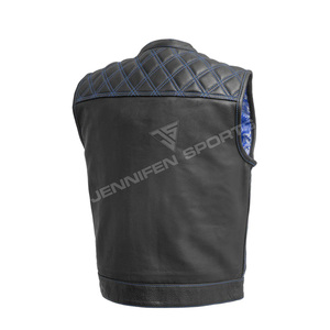 Gilet de motard en cuir véritable pour homme, noir, avec surpiqûres diamantées, poche dissimulée et doublure intérieure en bandana. - Product Image 4