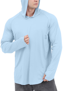เสื้อฮู้ดแขนยาวสีฟ้าอ่อนสำหรับผู้ชาย UPF 50 ป้องกันรังสียูวี ป้องกันแสงแดด ผลิตจากโพลีเอสเตอร์ สีพื้น เหมาะสำหรับตกปลา รุ่น 2027 - Product Image 2