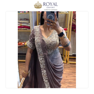 ผ้าซารีงานปักเลื่อมลายฉลุคุณภาพเยี่ยม ดีไซน์หรูหรา สำหรับงานเลี้ยงสังสรรค์ ผลิตจากผ้าชินนอนเนื้อหนา ขายดีเป็นที่นิยม - Product Image 2