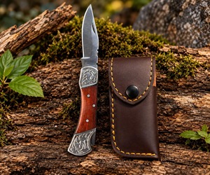 Navaja de bolsillo plegable de 8 pulgadas de grado industrial con mango de madera y latón hecho a mano, hoja de acero inoxidable con punta de cuchillo y apertura con perilla para el pulgar - Product Image 3