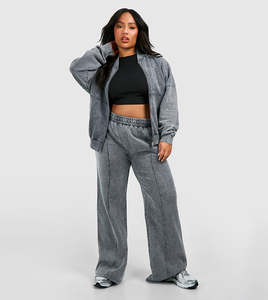 Conjunto de Dos Piezas para Mujer, Chaqueta con Cierre y Pantalones Anchos, Gris Lavado, Felpa, Estilo Casual, Corte Regular - Product Image 3