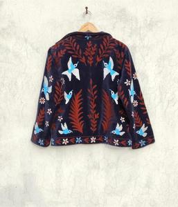 Veste en velours noir pour femmes, brodée de fleurs, style Suzani, avec motif d'oiseaux, manches longues, col montant, style bohème, manteau d'hiver pour femmes - Product Image 5