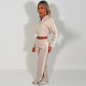Women's Beige Tracksuit Set Full Sleeve <b>Cropped</b> Jacket With Side Stripe Loose Fit Joggers Sporty Casual Wear All Seasons - Product Image 3