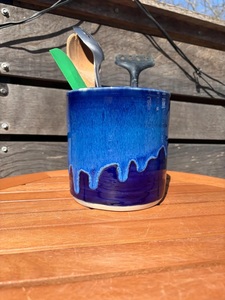 Artisan Stoneware Ceramic <b>Utensil</b> Holder Hand Poured Drip Glaze Deep Blue Finish Kiln Fired Durable Countertop Kitchen Organizer - Product Image 5