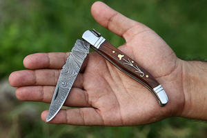 Set de Regalo de Navaja Plegable de Acero de Damasco con Funda de Cuero, Mango de Madera/Puño de Hueso, 58HRC, Navaja de Bolsillo Delgada, Garantía de 3 Años - Product Image 2