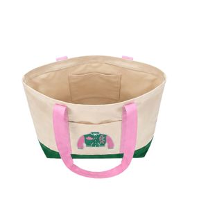 กระเป๋าโท้ทผ้าทวิลสีเขียวครีมพร้อมหูจับสีชมพู กระเป๋าช้อปปิ้งแฟชั่น กระเป๋าถือผ้าแคนวาสแบบใช้ซ้ำได้สำหรับผู้หญิง ใช้ได้ทุกวัน - Product Image 3