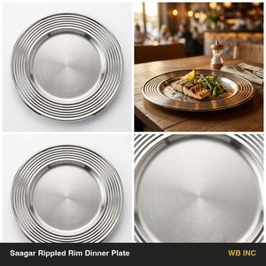Handmade SS304 27 cm Satin Finish Dinner <b>Plate</b> with Nine Ripples Rippled Rim Well Mirror-for Home <b>Decor</b> Hotels Weddings - Product Image 6
