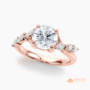 แหวนหมั้นเพชรโมอิสซาไนต์ทรงกลม 14K โรสโกลด์ ประดับเพชรทรงมาร์คีส์ด้านข้าง ของขวัญเครื่องประดับเจ้าสาวสำหรับเธอ สหรัฐอเมริกา - Product Image 6