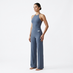 Ensemble de yoga pour femmes, bleu, col halter, leggings taille haute, longueur intégrale, sans couture, respirant, vêtements de sport, ensemble 2 pièces - Product Image 5