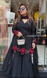 Traje Palazzo Largo para Mujer, Estilo Indio-Pakistaní, Bordado Floral Negro, Corte Holgado, Elástico, para Fiestas, Estilo Étnico - Product Image 2
