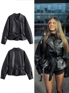 Oversized <b>Burgundy</b> Faux Leather Moto Jacket <b>Belted</b> Waist Zipper Closure Unisex Winter Style Windproof Rhinestone OEM Service - Product Image 3