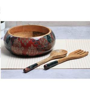 Bol en bois de manguier sculpté à la main avec motif imprimé, pour fruits, légumes, salades, soupes, article de service pour la table - Product Image 1