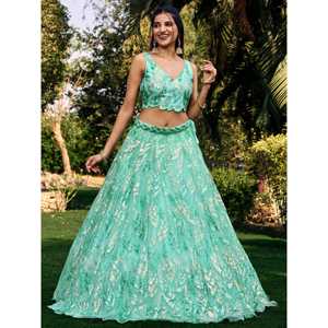 Merveilleux Turquoise Paillettes Net Réception Porter Lehenga Choli - Product Image 5