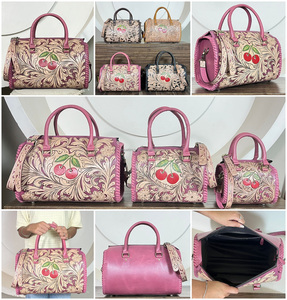 Bolsos de Viaje de Cuero Rosa Estilo Western con Diseño de Cerezas Grabado a Mano, Nuevos Bolsos de Hombro Cruzados de Gran Capacidad con Asa Superior - Product Image 3