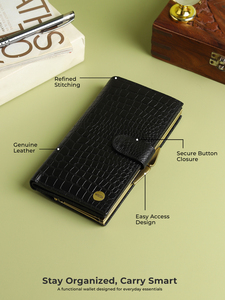 WRIZA Cartera de mano con cremallera y textura de cocodrilo de cuero genuino para mujer |   Tarjetero Negro de Uso Diario con 10 Ranuras para Tarjetas y 4 Compartimentos para Monedas - Product Image 3