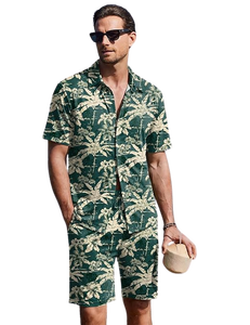 Ensemble 2 pièces de style hawaïen pour hommes, chemise boutonnée à manches courtes et short assorti, tenue de plage - Product Image 1