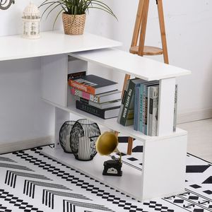 White L-Shaped Corner Computer <b>Desk</b> with 360 Degree Rotation Home Office <b>Workstation</b> Featuring Storage Shelves for Writing Work - Product Image 5