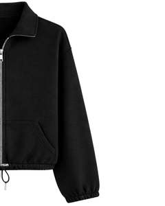 Sudadera negra corta de forro polar con cremallera completa para mujer, cuello polo, bolsillos delanteros, dobladillo con cordón ajustable, top informal cálido estilo streetwear - Product Image 3