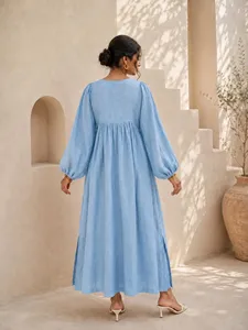 Vestido maxi premium azul claro con cuello en V, mangas abullonadas, estilo bohemio holgado, 100% lino, vestido casual de verano para mujer - Product Image 4