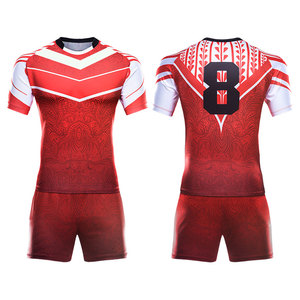 Men's Red White Sublimated Rugby Jersey Set Short Sleeve V-Neck Moisture Wicking Regular Fit All Seasons Team Numbers Printed - Product Image 1