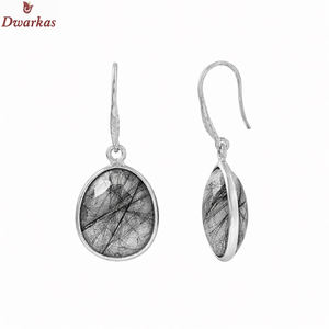 Classic simple <b>earrings</b> <b>solid</b> 925 sterling <b>silver</b> black rutile gemstone dangle drop bezel set <b>earring</b> for ladies and girl - Product Image 1
