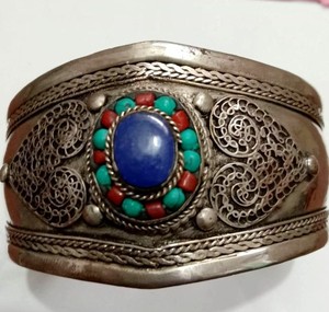 Classic Multi-color <b>Silver</b> Plated Flower Pattern Turquoise Stone Set Adjustable Size Women's Tibetan Bangles - Product Image 3