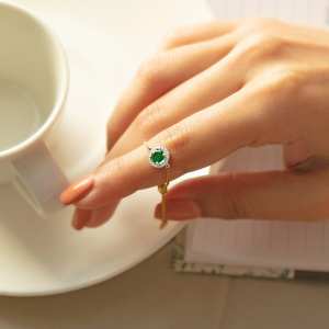 Premium 18K Gold-Plated <b>Adjustable</b> Emerald Green Halo Diamond <b>Ring</b> for Women Luxury Engagement & Party Jewelry - Product Image 2