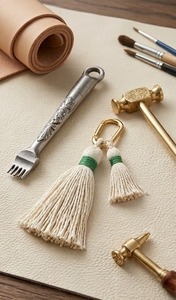 Décoration de porte-clés en laiton avec pompon crème et bande verte, accent bohème pour la maison, à suspendre en intérieur, pour la décoration du salon - Product Image 4