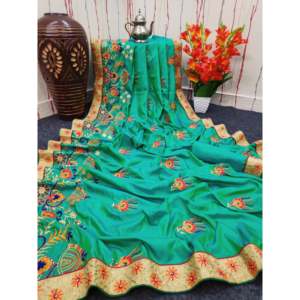 Saree de mariage exquis avec impression élégante de conception de fleur et travail de broderie - Product Image 4