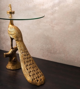 Pavo Glass Top <b>Round</b> <b>Side</b> <b>Table</b> with Antique <b>Gold</b> Finish Metal Base Modern Luxury Accent <b>Table</b> for Living Room - Product Image 2