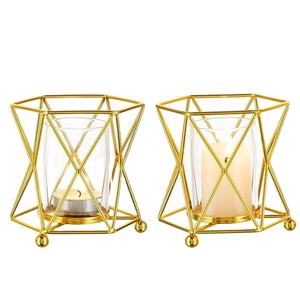 Porte-bougies géométriques dorés écologiques pour bougies chauffe-plat, lot de 2, décoration de Noël pour la maison, centre de table Raayan International AR-805 - Product Image 1