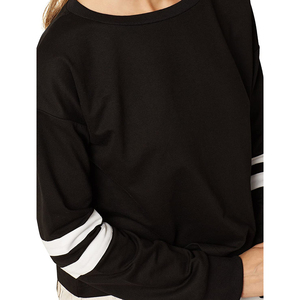 Sweat-shirt noir à manches longues et col rond pour femme avec rayures blanches sur les manches, haut tricoté décontracté à col rond, coupe régulière, vêtement d'automne - Product Image 5