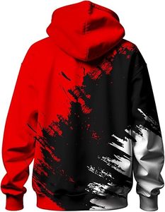 Sweat-shirt à capuche unisexe en coton tricoté, coupe classique, décontracté, automne, avec poche, motif éclaboussures de peinture rouge, noir et blanc, logo frontal, 350g - Product Image 3