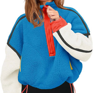 Sweat-shirt à capuche oversize pour femme, bleu, avec empiècements contrastants, demi-zip, en polaire, manches longues, style streetwear décontracté, coupe ample - Product Image 1